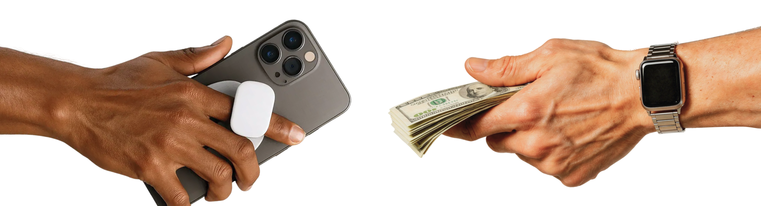 Hands holding phone, screen, and bills